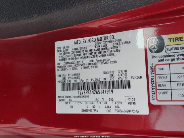 2010 FORD MUSTANG 1ZVBP8AN2A5147919 Photo 8