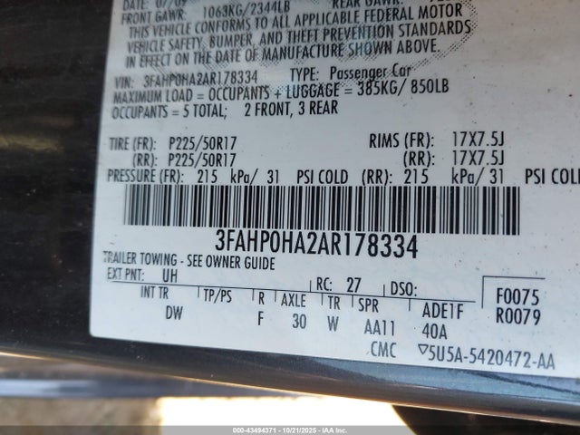 Aukcja sprzedaży 2010 Ford Fusion Se, vin: 3FAHP0HA2AR178334, numer aukcji: 43494371