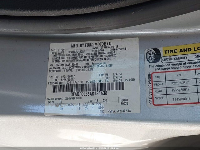 Продаж на аукціоні авто 2010 Ford Fusion Hybrid, vin: 3FADP0L36AR135638, номер лоту: 43494451