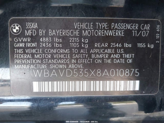 Aukcja sprzedaży 2008 Bmw 335xi, vin: WBAVD535X8A010875, numer aukcji: 43494459