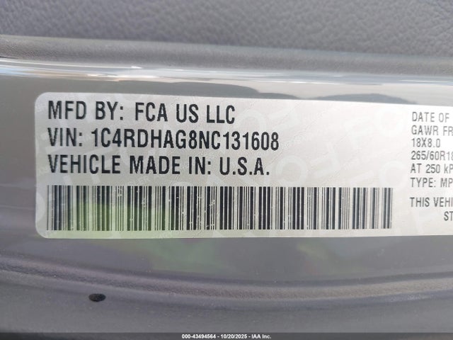 1C4RDHAG8NC131608 Dodge Durango Sxt Rwd