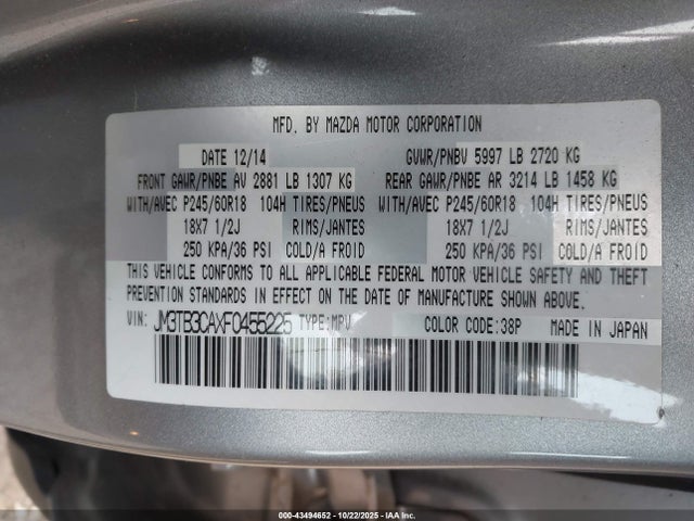 Продаж на аукціоні авто 2015 Mazda Cx-9 Touring, vin: JM3TB3CAXF0455225, номер лоту: 43494652
