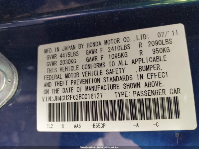Aukcja sprzedaży 2011 Acura Tsx 2.4, vin: JH4CU2F62BC016127, numer aukcji: 43494895