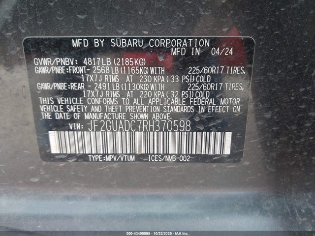 2024 Subaru Crosstrek Premium მანქანა იყიდება აუქციონზე, vin: JF2GUADC7RH370598, აუქციონის ნომერი: 43495095
