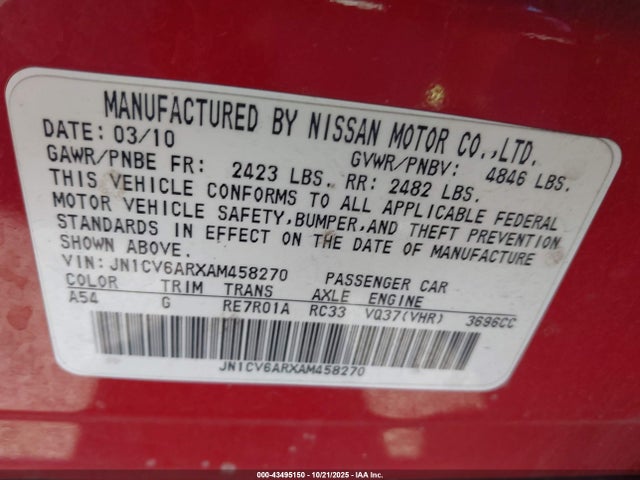 Продаж на аукціоні авто 2010 Infiniti G37x, vin: JN1CV6ARXAM458270, номер лоту: 43495150