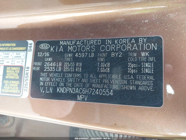 Продаж на аукціоні авто 2017 Kia Sportage Ex, vin: KNDPN3AC6H7240554, номер лоту: 43495207