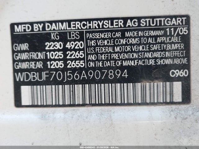 43495243 :رقم المزاد ، WDBUF70J56A907894 vin ، 2006 Mercedes-benz E 500 مزاد بيع