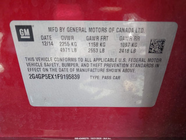 Aukcja sprzedaży 2015 Buick Regal Turbo Premium I, vin: 2G4GP5EX1F9195839, numer aukcji: 43495278