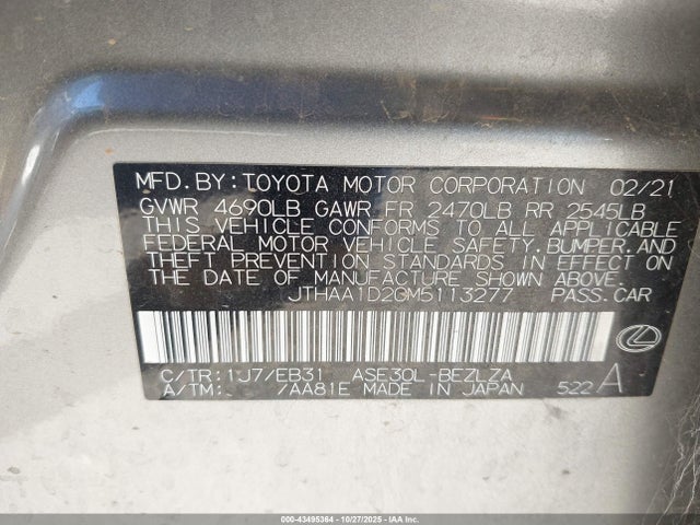Продажа на аукционе авто 2021 Lexus Is 300, vin: JTHAA1D20M5113277, номер лота: 43495364