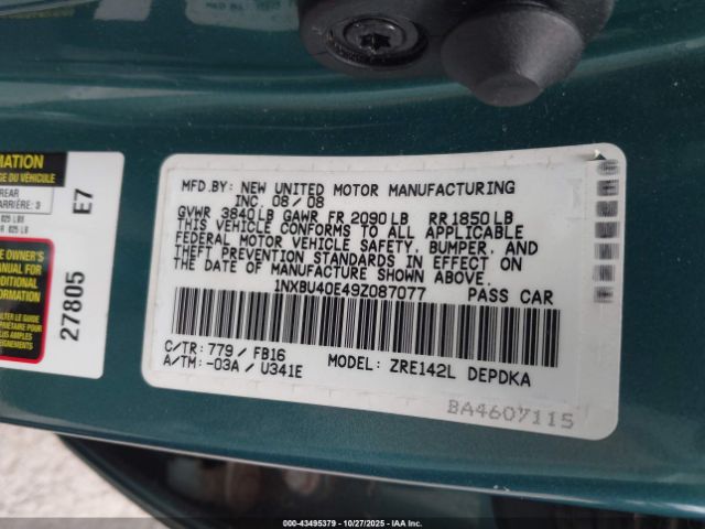 2009 TOYOTA COROLLA 1NXBU40E49Z087077 Photo 8