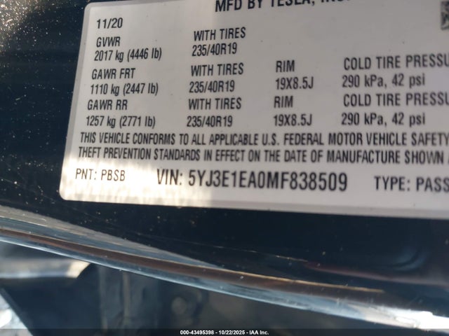 2021 TESLA MODEL 3 5YJ3E1EA0MF838509 Photo 8