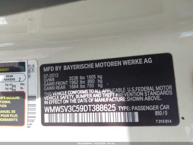 2013 MINI HARDTOP WMWSV3C59DT388625 Photo 8