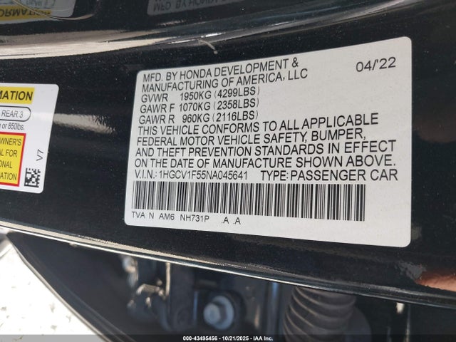 Продажа на аукционе авто 2022 Honda Accord Ex-l, vin: 1HGCV1F55NA045641, номер лота: 43495456