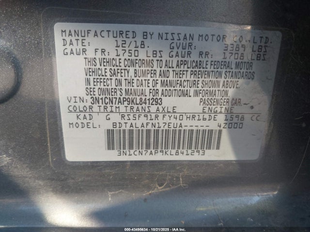 Nissan Versa 1.6 S 2019 3N1CN7AP9KL841293 Image 9