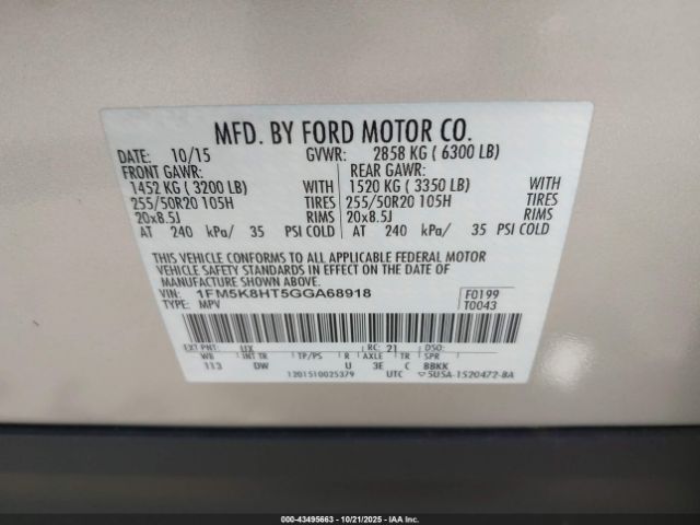 2016 FORD EXPLORER 1FM5K8HT5GGA68918 Photo 8