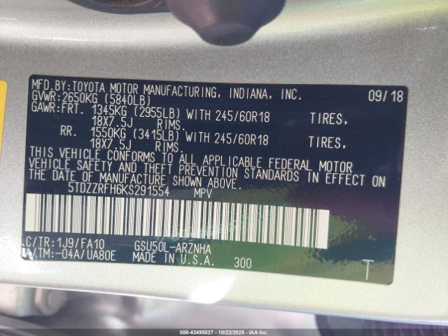 2019 TOYOTA HIGHLANDER 5TDZZRFH6KS291554 Photo 8