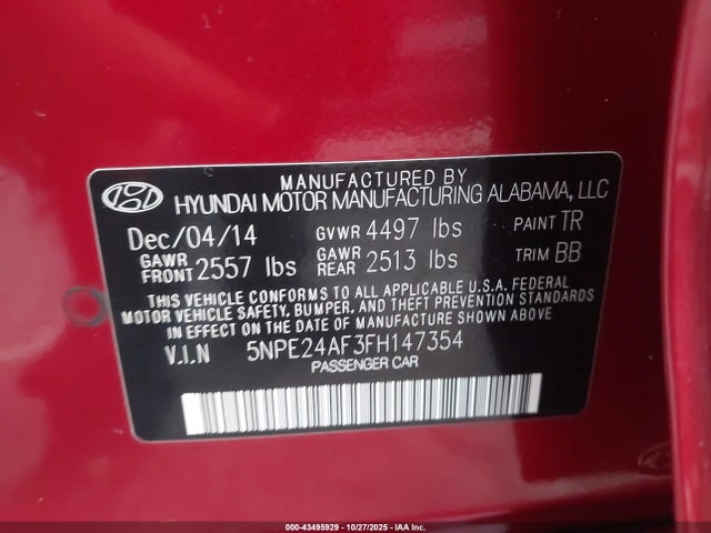 Aukcja sprzedaży 2015 Hyundai Sonata Se, vin: 5NPE24AF3FH147354, numer aukcji: 43495929