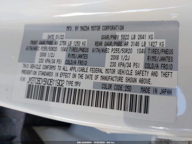 Продаж на аукціоні авто 2022 Mazda Cx-9 Grand Touring, vin: JM3TCBDY5N0611902, номер лоту: 43495984