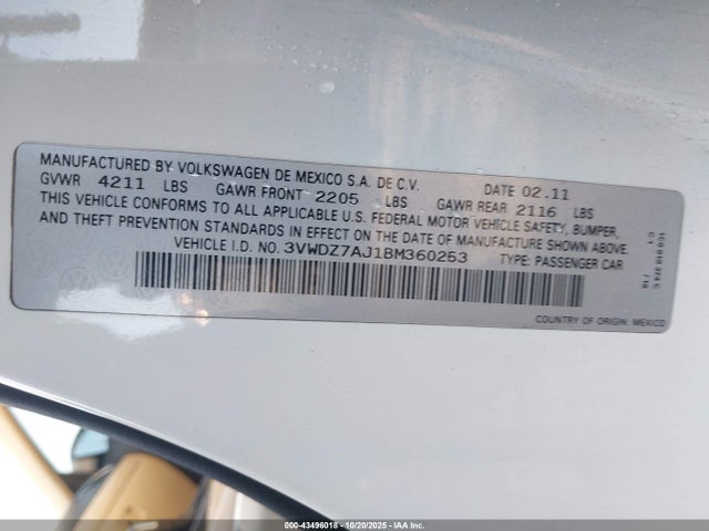 Aukcja sprzedaży 2011 Volkswagen Jetta 2.5l Se, vin: 3VWDZ7AJ1BM360253, numer aukcji: 43496018