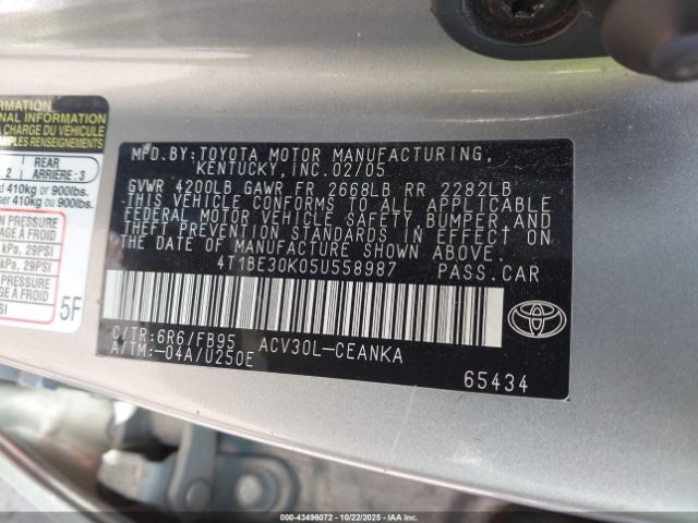 2005 TOYOTA CAMRY 4T1BE30K05U558987 Photo 8