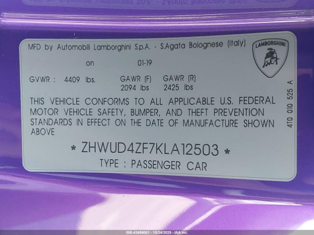 2019 LAMBORGHINI HURACAN ZHWUD4ZF7KLA12503 Photo 8