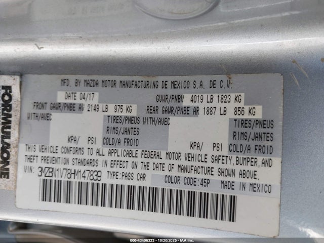 3MZBN1V78HM147839 Mazda Mazda3 Touring