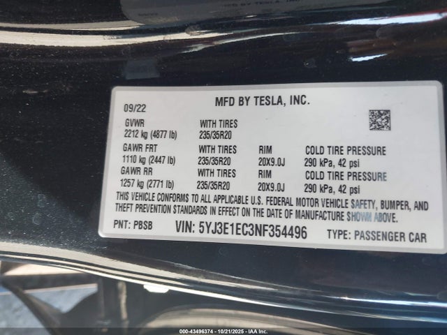 Продажа на аукционе авто 2022 Tesla Model 3 Performance Dual Motor All-wheel Drive, vin: 5YJ3E1EC3NF354496, номер лота: 43496374