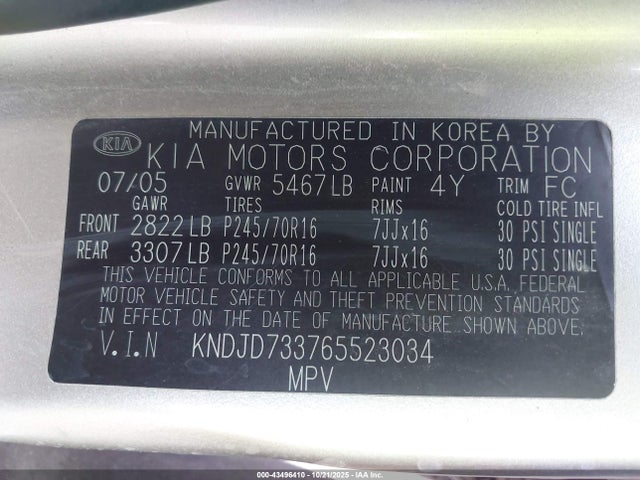 43496410 :رقم المزاد ، KNDJD733765523034 vin ، 2006 Kia Sorento Ex/lx مزاد بيع