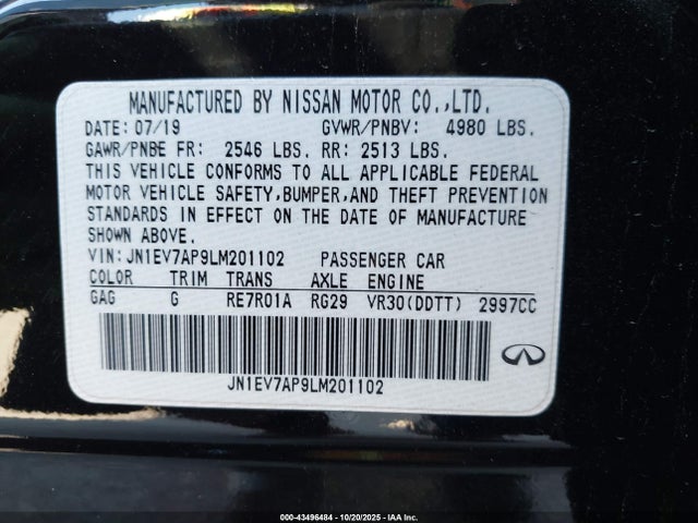 Продаж на аукціоні авто 2020 Infiniti Q50 Sport, vin: JN1EV7AP9LM201102, номер лоту: 43496484