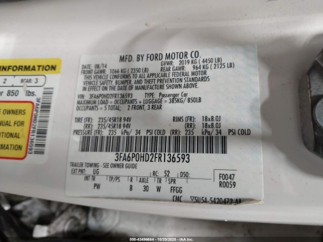 2015 FORD FUSION 3FA6P0HD2FR136593 Photo 8