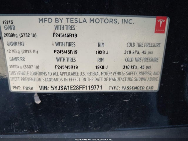 2015 TESLA MODEL S 5YJSA1E28FF119771 Photo 8