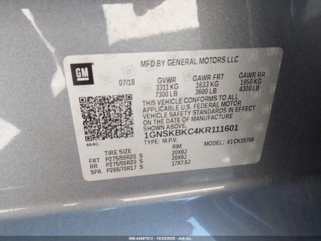 2019 CHEVROLET TAHOE 1GNSKBKC4KR111601 Photo 8