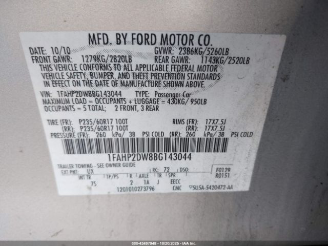 2011 FORD TAURUS 1FAHP2DW8BG143044 Photo 8