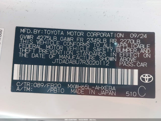 JTDADABU7R3020112 Toyota Prius Le Awd-e