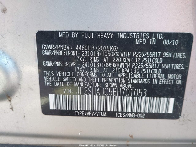 Aukcja sprzedaży 2011 Subaru Forester 2.5x Premium, vin: JF2SHADC5BH701053, numer aukcji: 43497192