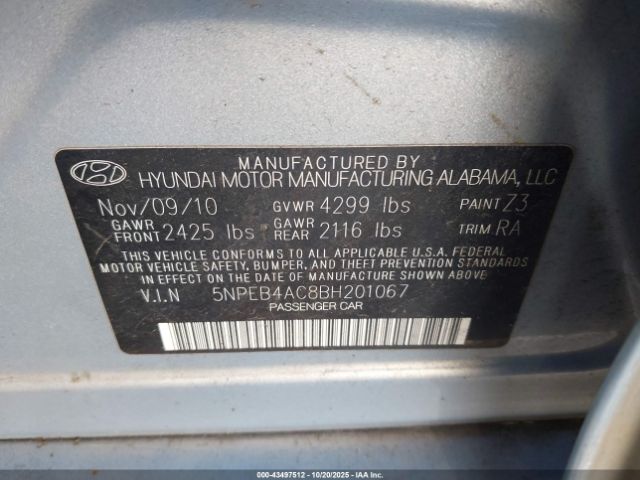2011 HYUNDAI SONATA 5NPEB4AC8BH201067 Photo 8