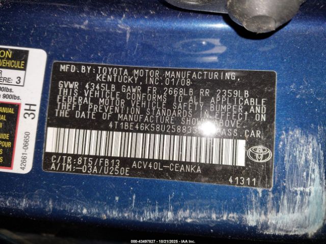 2008 TOYOTA CAMRY 4T1BE46K58U258833 Photo 8