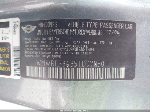 2005 MINI COOPER S WMWRE33435TD97850 Photo 8