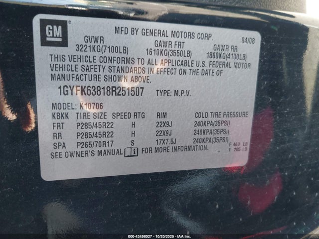 2008 CADILLAC ESCALADE 1GYFK63818R251507 Photo 8