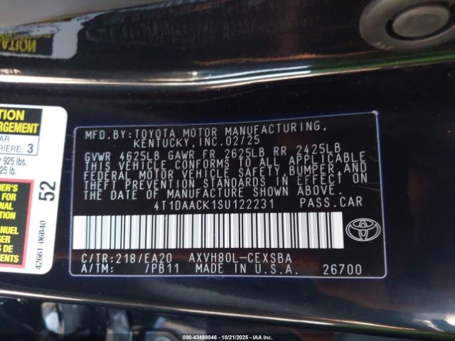 2025 TOYOTA CAMRY 4T1DAACK1SU122231 Photo 8