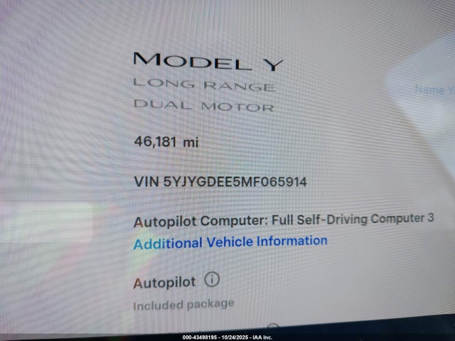 43498195 :رقم المزاد ، 5YJYGDEE5MF065914 vin ، 2021 Tesla Model Y Long Range Dual Motor All-wheel Drive مزاد بيع
