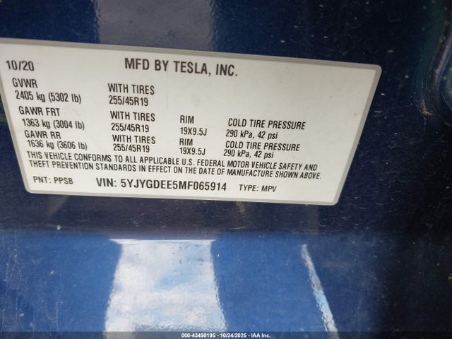 2021 TESLA MODEL Y 5YJYGDEE5MF065914 Photo 8