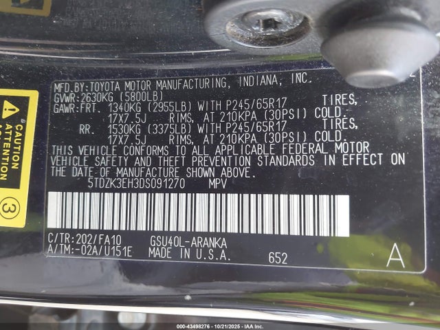 2013 Toyota Highlander Base Plus V6 მანქანა იყიდება აუქციონზე, vin: 5TDZK3EH3DS091270, აუქციონის ნომერი: 43498276