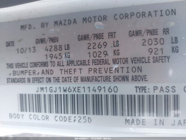 43498411 :رقم المزاد ، JM1GJ1W6XE1149160 vin ، 2014 Mazda Mazda6 I Grand Touring مزاد بيع