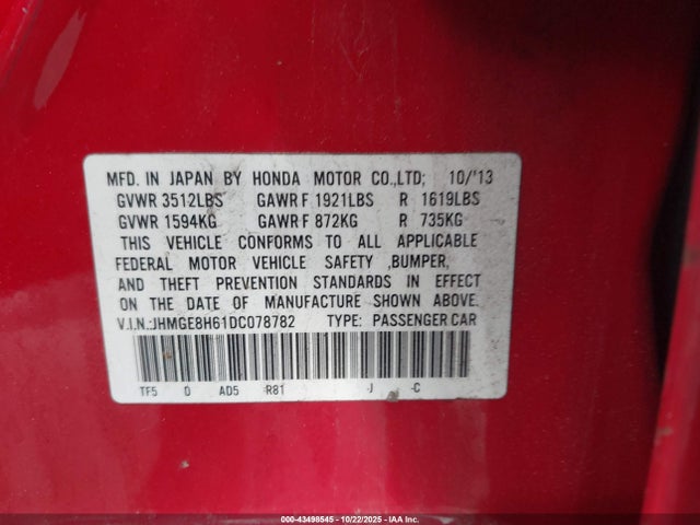 Продажа на аукционе авто 2013 Honda Fit Sport, vin: JHMGE8H61DC078782, номер лота: 43498545