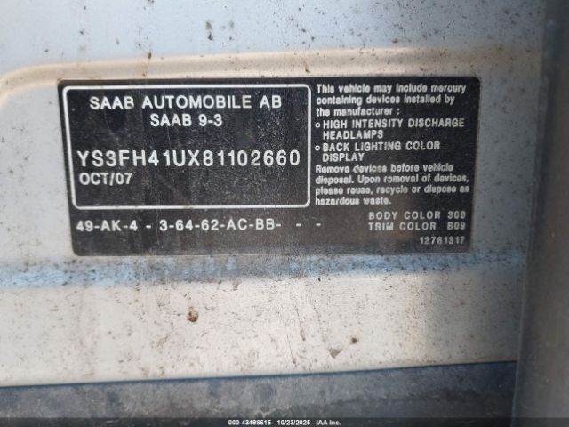 2008 SAAB 9-3 YS3FH41UX81102660 Photo 8