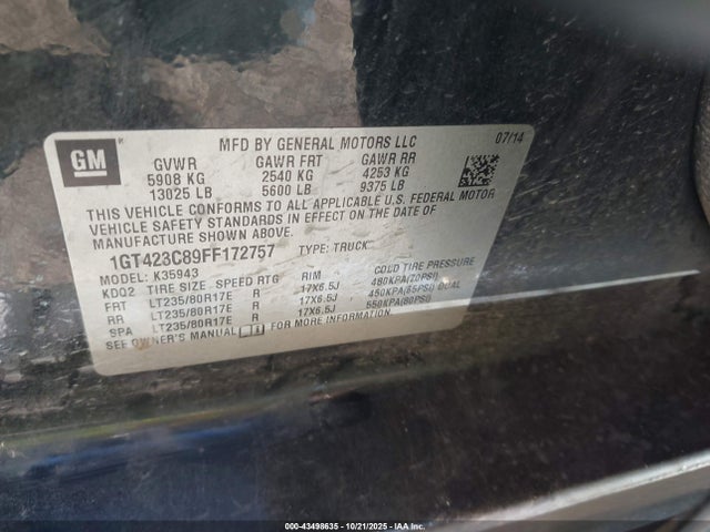 Aukcja sprzedaży 2015 Gmc Sierra 3500hd Slt, vin: 1GT423C89FF172757, numer aukcji: 43498635