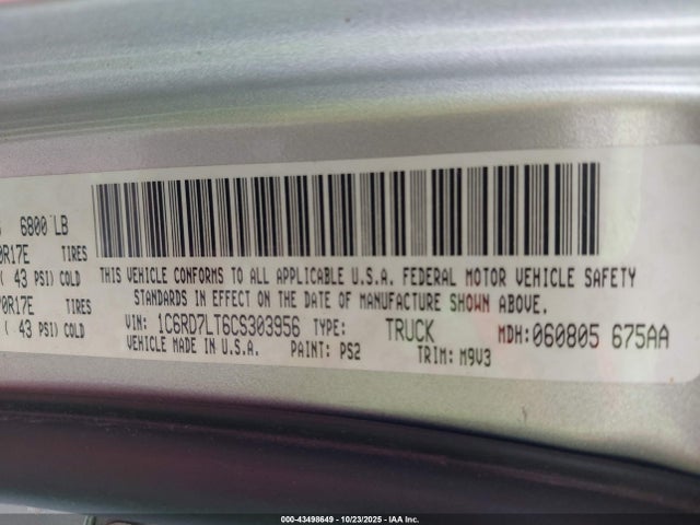 Aukcja sprzedaży 2012 Ram 1500 Slt, vin: 1C6RD7LT6CS303956, numer aukcji: 43498649