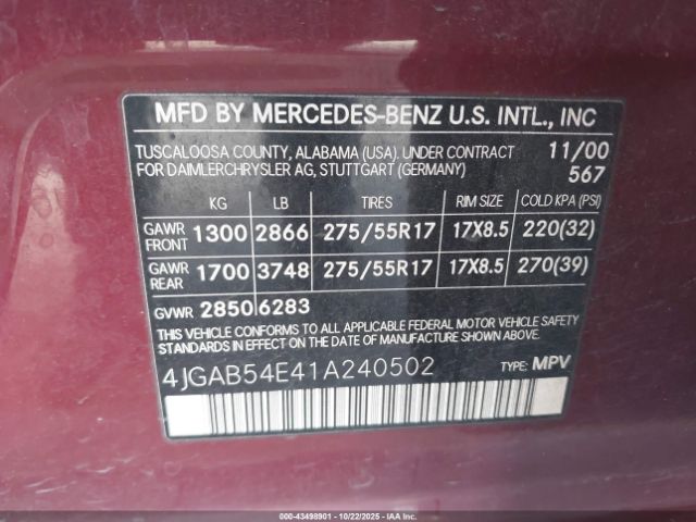 2001 MERCEDES-BENZ ML 320 4JGAB54E41A240502 Photo 8