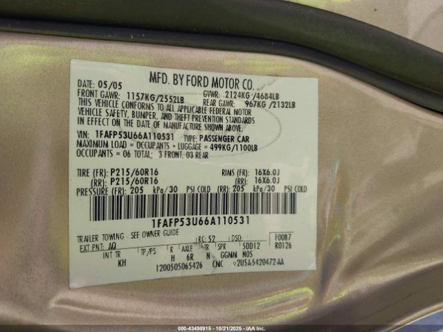 2006 FORD TAURUS 1FAFP53U66A110531 Photo 8